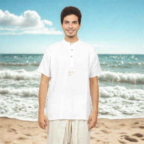 Weiße Kurta 100% Bio-Baumwolle mit gesticktem "Aum"-Schriftzug Weiße Kurta 100% Bio-Baumwolle mit gesticktem "Aum"-Schriftzug